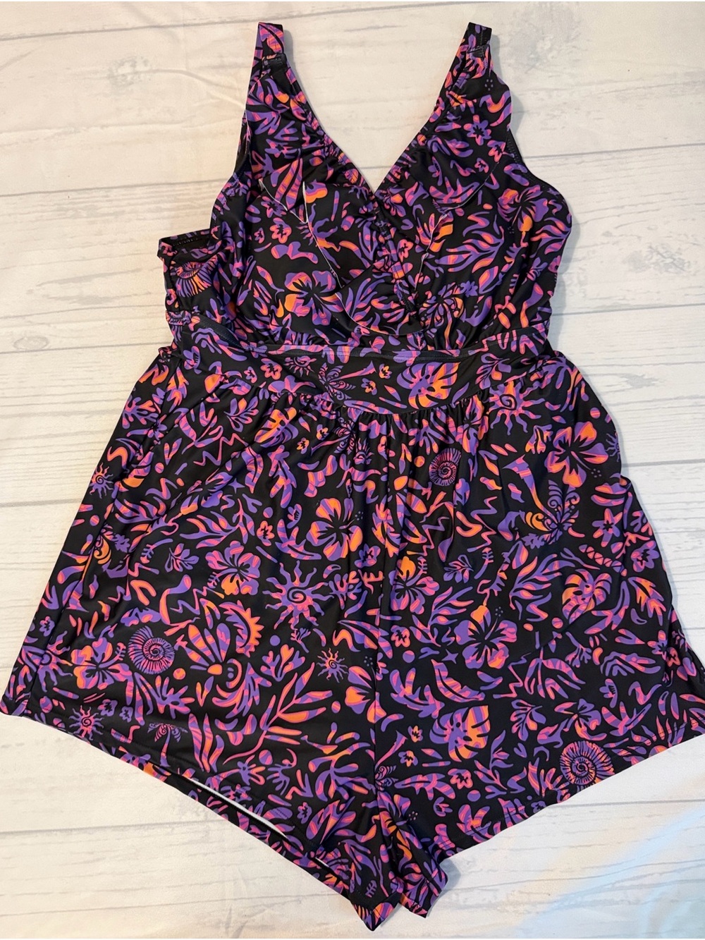 Bloomchic Tropical Floral Print Pockets Swim Romper